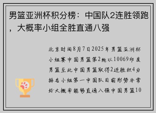 男篮亚洲杯积分榜：中国队2连胜领跑，大概率小组全胜直通八强